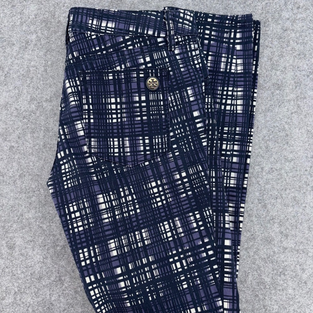 Tory Burch Conner Tab Front Skinny Pants Navy Purple Plaid Grid Size 29